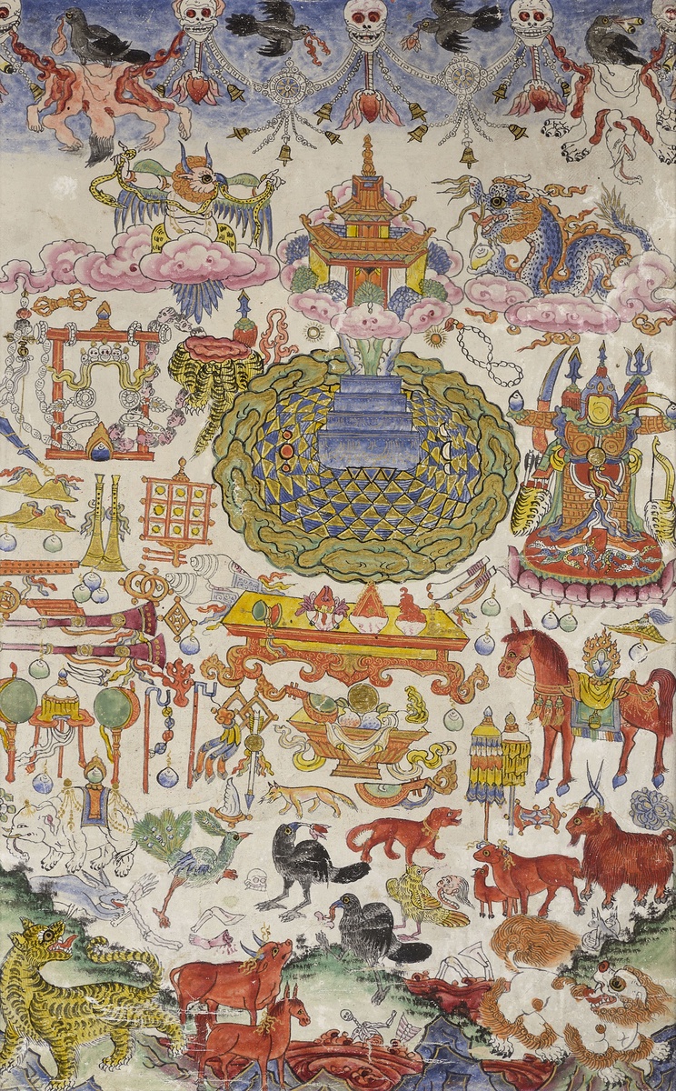 Obětiny pro hrozivá božstva / Mongolsko, poč. 20. století / barvy na plátně / 30 x 19,5 cm / vyv. cena 5000 Kč
