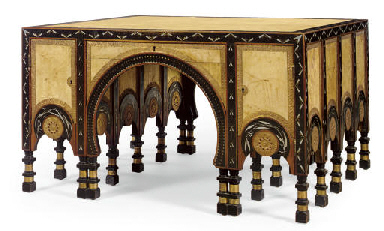 Carlo Bugatti / Oboustranný stůl / kolem r. 1900 ebenové dřevo, pergamen, intarzie mědí a cínem, tepaná mosaz, kost 80 x 140 x 124,8 cm / cena: 1 553 000 USD Christie's New York, 12. 12. 2007