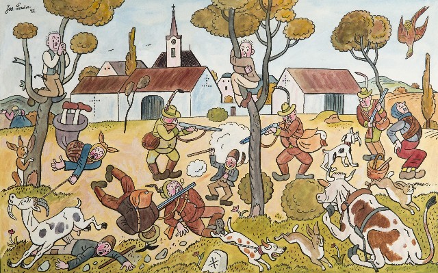 Josef Lada: Hon na návsi / 1942 kvaš, papír / 37 x 59 cm