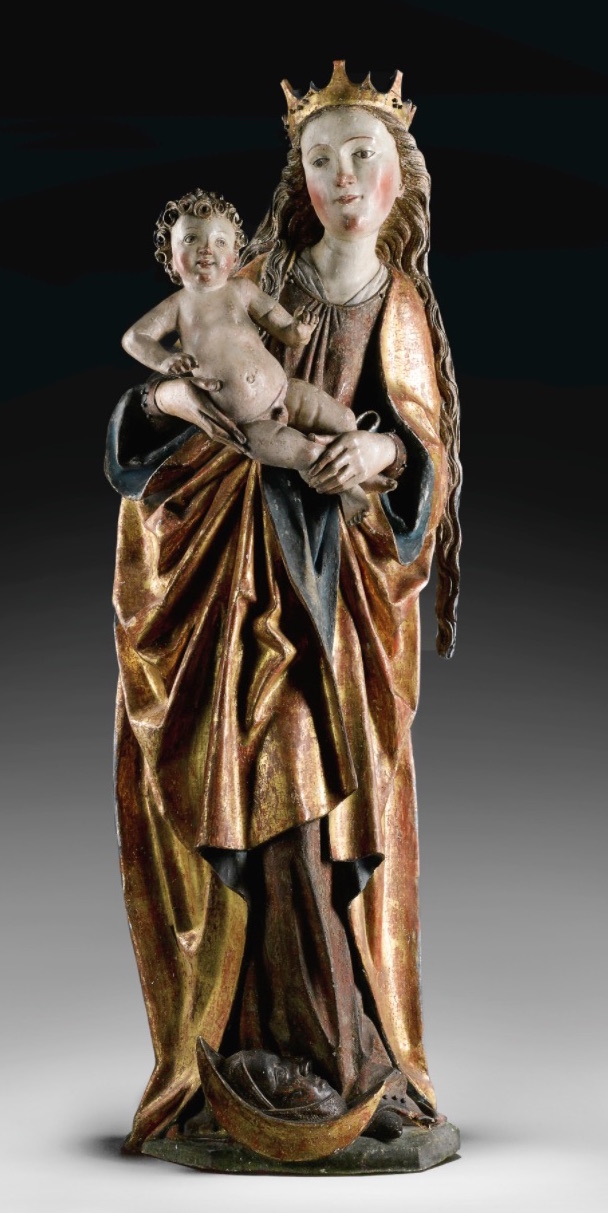 Madona, jižní Německo, pravděpodobně Norimberk / 1480-1500 polychromované a zlacené lipové dřevo výška 107 cm dosažená cena: 50 000 GBP (včetně provize)