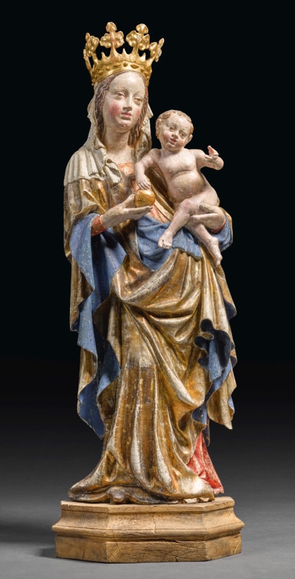 Madona, Salcburk / 1420-1430 polychromované a zlacené lipové dřevo (pozdější sokl) výška 122 cm dosažená cena: 75 000 GBP (včetně provize) Sotheby's Londýn 6. 12. 2016