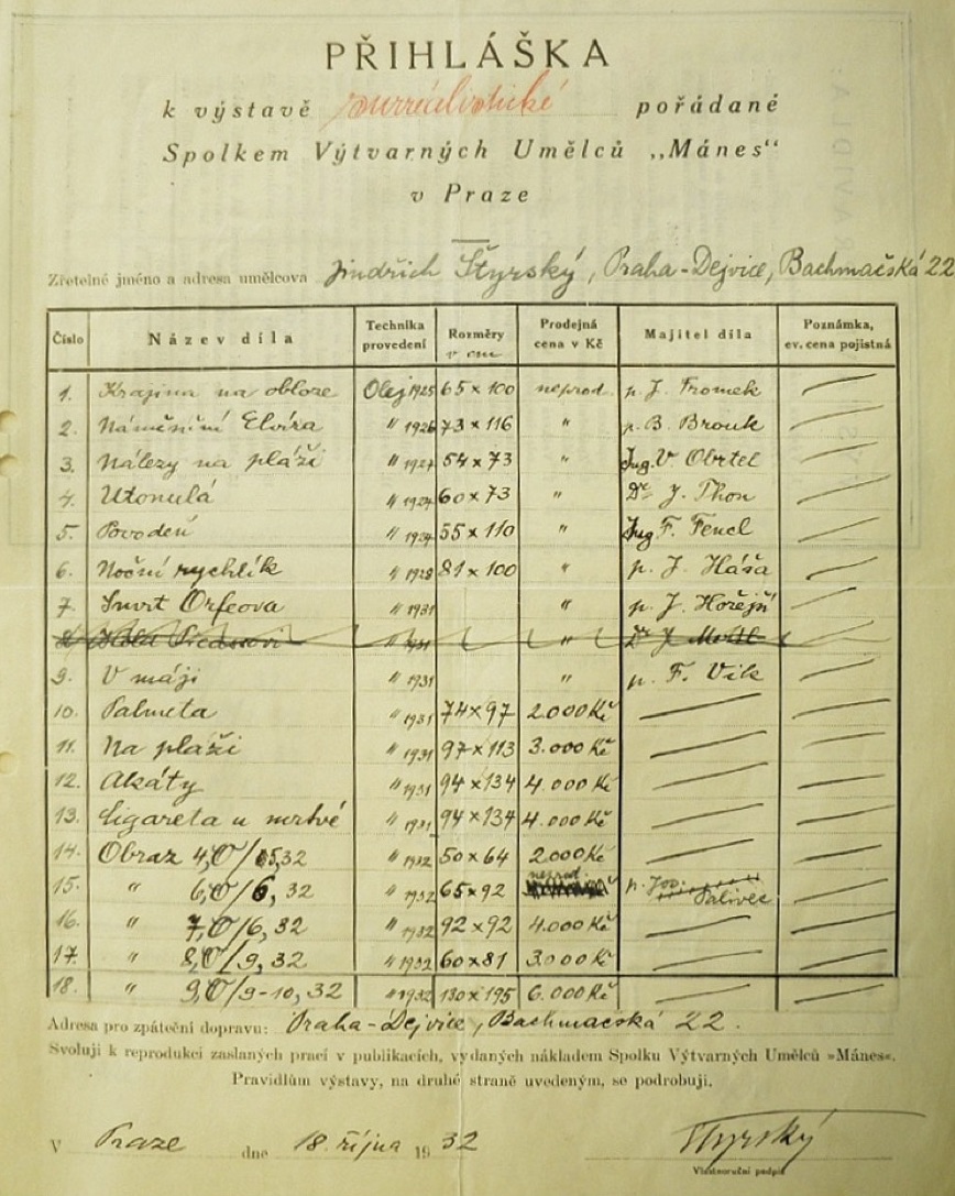 Štyrského přihláška na výstavu Poesie 1932