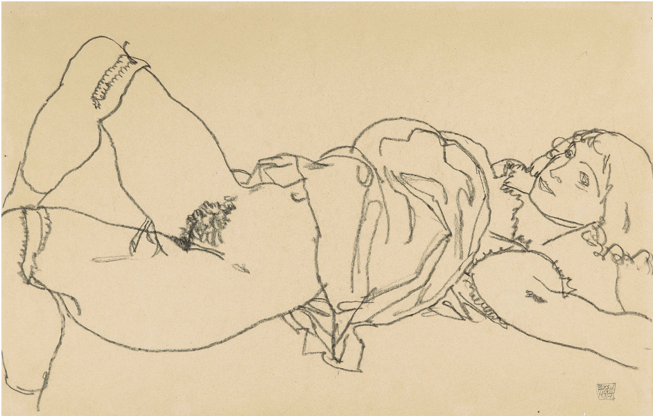 Dívčí akt ležící vpravo, v celé figuře, 1917  tužka na papíře, 29,6 x 46,1 cm cena: 250 000 USD Christie's New York 14. 5. 2019