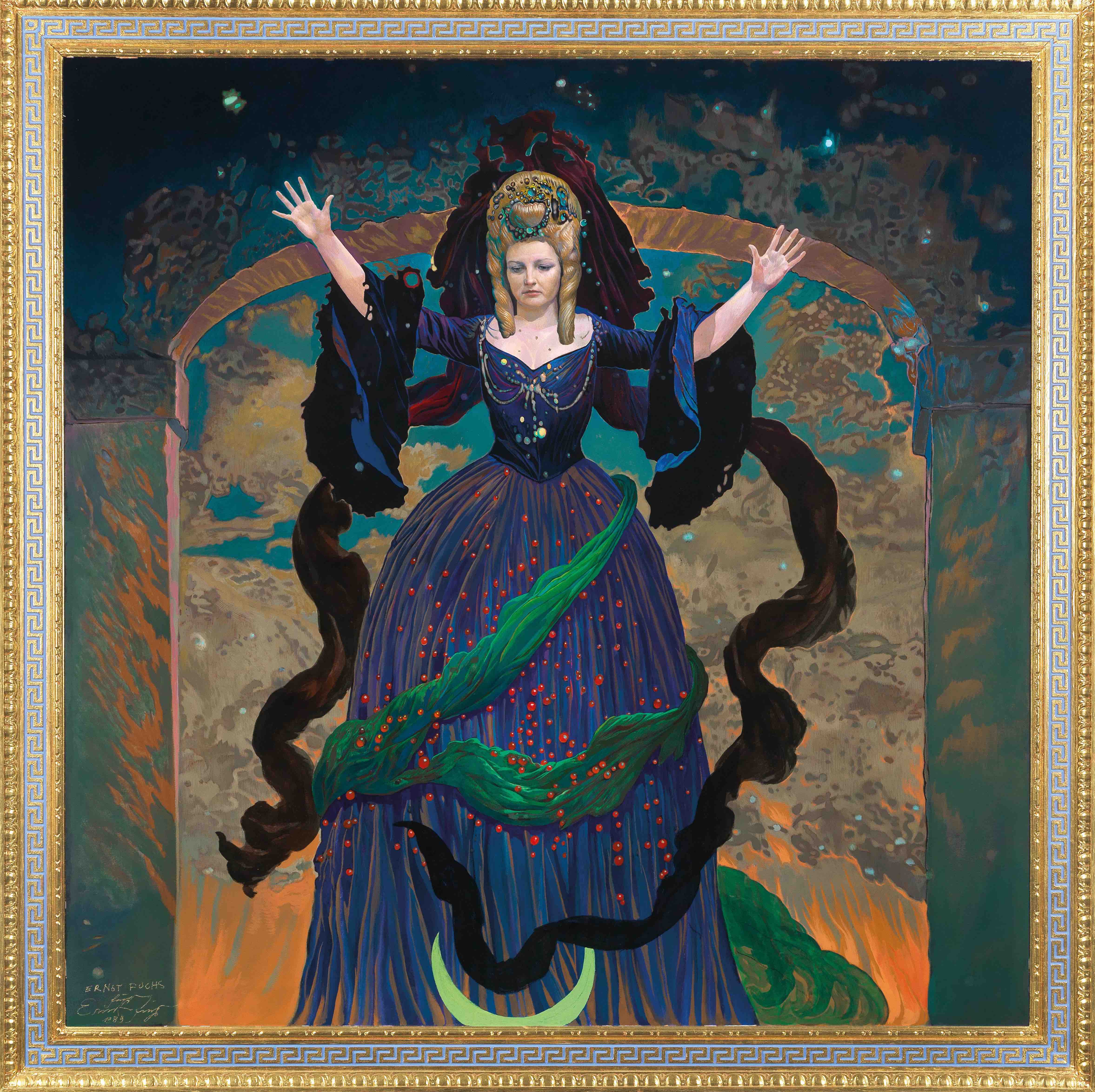 Ernst Fuchs: Edita Gruberová jako Královna noci, 1989,  olej na plátně, 150 x 150 cm, Dorotheum Vídeň 7. 9. 2022, vyvolávací cena: 7 000 EUR (+ provize)