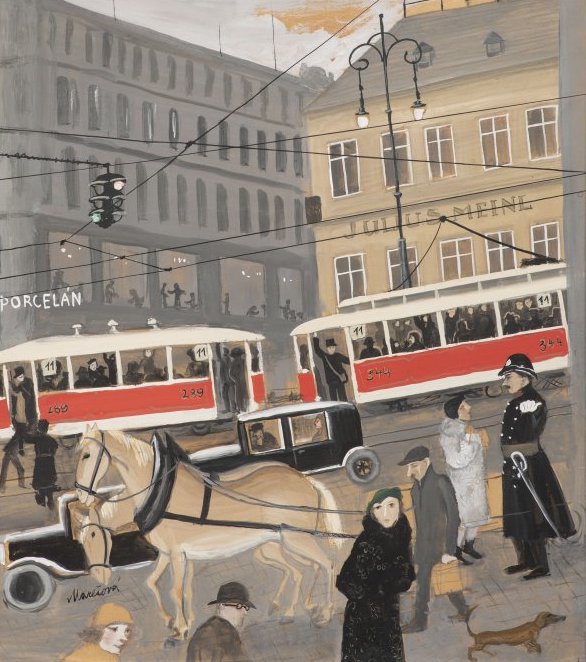 Milada Marešová: Václavské náměstí, 1924, tempera na kartonu, 28,5 x 25 cm, Arthouse Hejtmánek 8. 12. 2022, vyvolávací cena: 180 000 Kč (+24% provize)