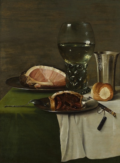 Willem Claesz. Heda: Zátiší se sklenicí bílého vína, stříbrným pohárem a jídlem / 1642–45