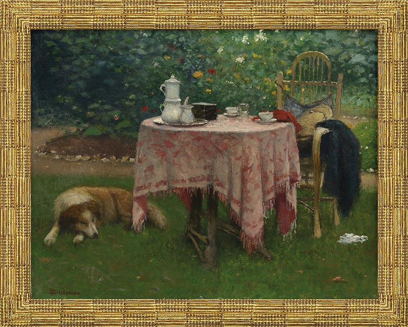 Jakub Schikaneder: Zahradní zákoutí se psem /1910 – 1915/ olej na plátně / 45,5 x 58,5 cm / vyvolávací cena 3 200 000 Kč