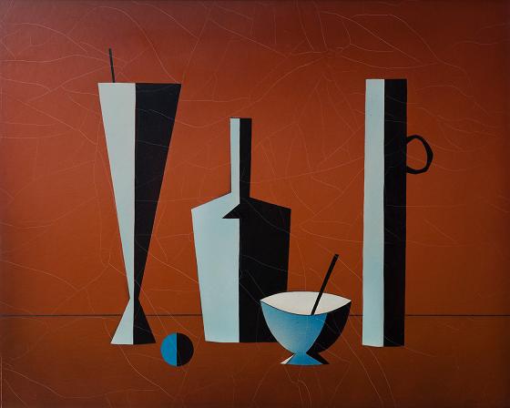 Andrej Barčík: Zátišie, striekaná farba na preglejke, 80. roky 20. storočia