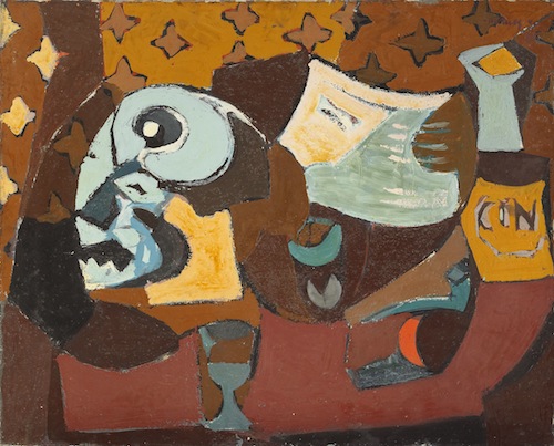 Endre Nemes: Zátiší se zvířecí maskou a lahví ginu