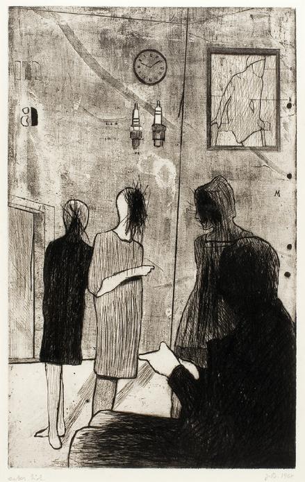 Jiří Balcar: Společnost II. (Pod hodinami) / 1968 / suchá jehla, lept na papíře / 49,5 x 32 cm