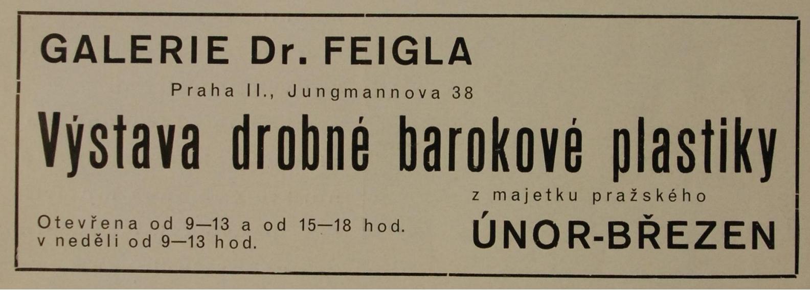 Reklama na výstavu v Galerii Feigl v dobovém tisku