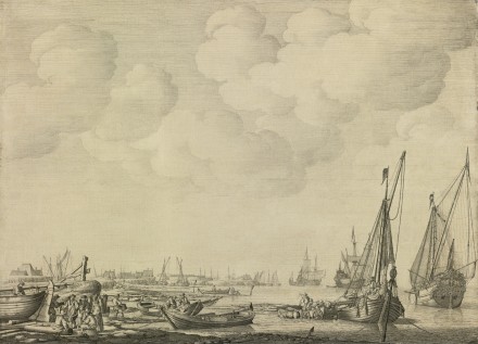 Willem van de Velde st.: Holandský přístav / tuš a olej na desce / 48 x 65 cm / 5 429 000 USD / Sotheby's 29. 1. 2015