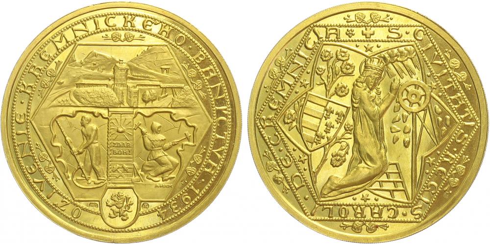 Desetidukátová medaile 1934 (A. Hám) / K oživení kremnického baníctva / raženo pouze 68 ks / Au 42 mm (34,91 g) / vyv. cena 500 000 Kč