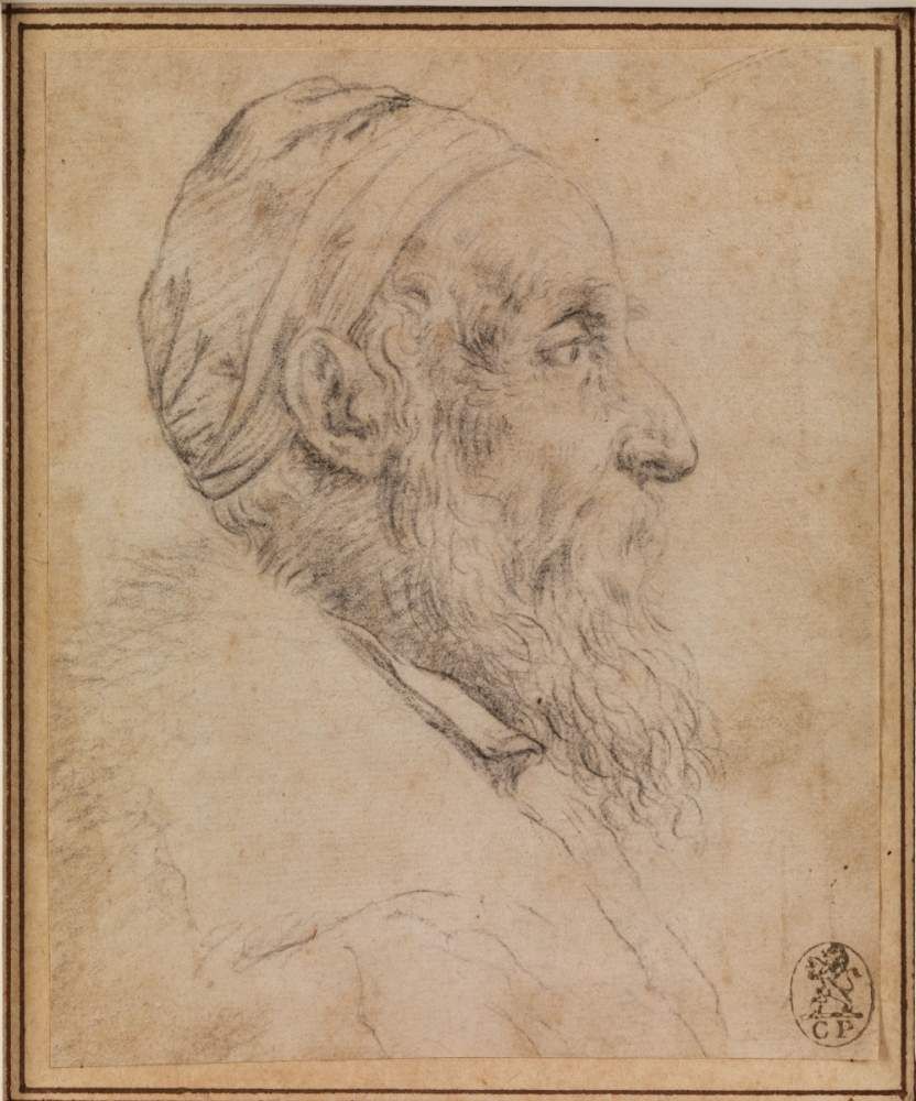 Tizian: Autoportrét / 1560 - 70 / kresba na papíře / 120 x 99 mm / Hampel Mnichov 10. 12. 2015 / odhad 2 - 3 000 000 Eur