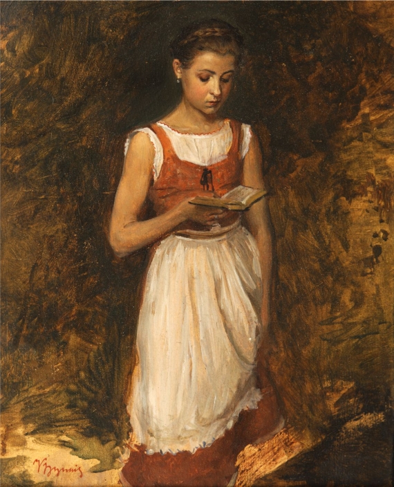 Vojtěch Hynais: Dívka s knížkou  olej na kartonu / 35 x 29 cm cena: 204 000 Kč / Galerie Art Praha 29. 11. 2014