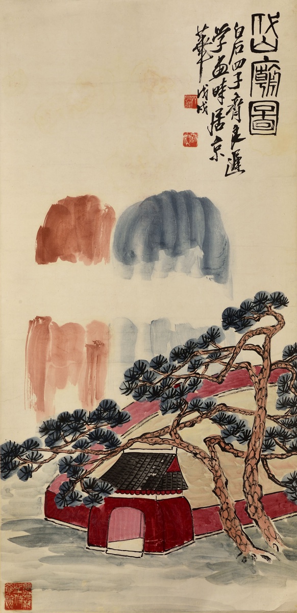 Čchi Liang-Čch’: Chrám Taj-miao / 1958 tuš a barvy na papíře / 97 x 48 cm cena: 806 000 Kč / Galerie Arcimboldo 27. 5. 2014