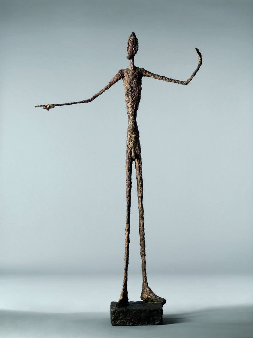 ALBERTO GIACOMETTI: UKAZUJÍCÍ MUŽ / 1947  patinovaný bronz, malováno autorem / výška 177,5 cm  cena: 141 285 000 USD / Christie's New York 11. 5. 2015 