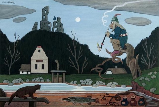 Josef Lada: Vodník, 1950, kvaš na kartonu, 48 x 69 cm, cena: 1 920 000 Kč