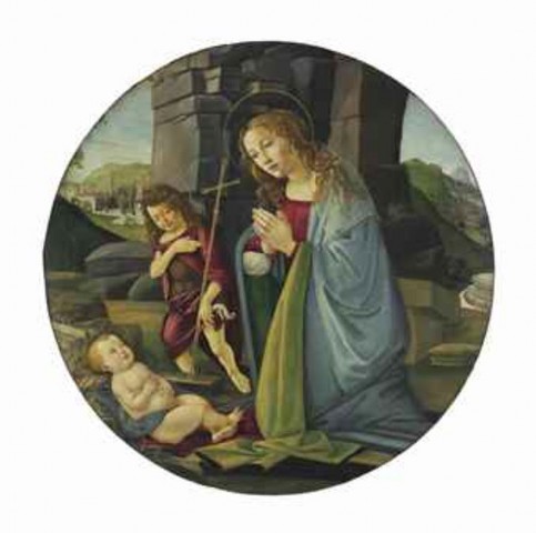 Sandro Botticelli a dílna   Madona s malým Janem Křtitelem adorující Krista tempera a olej na desce průměr 116.2 cm cena: 785 000 USD