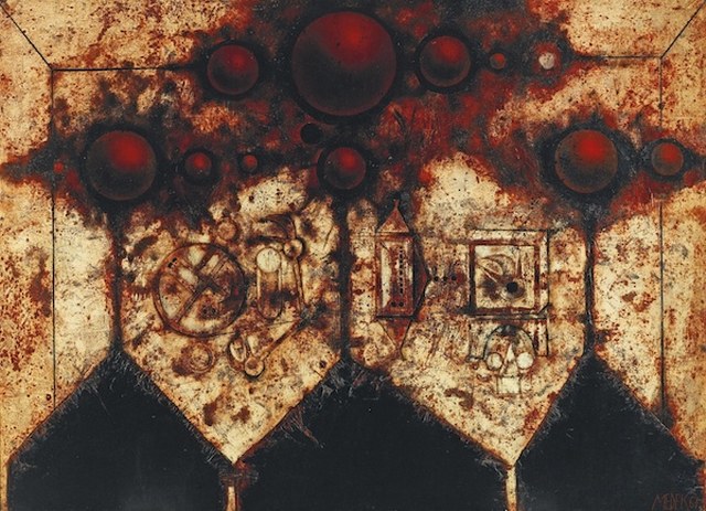 Mikuláš Medek: Tři události / 1967 olej a email na plátně / 130 x 180 cm cena: 171 500 GBP / Sothebyʼs Londýn 2. 12. 2015