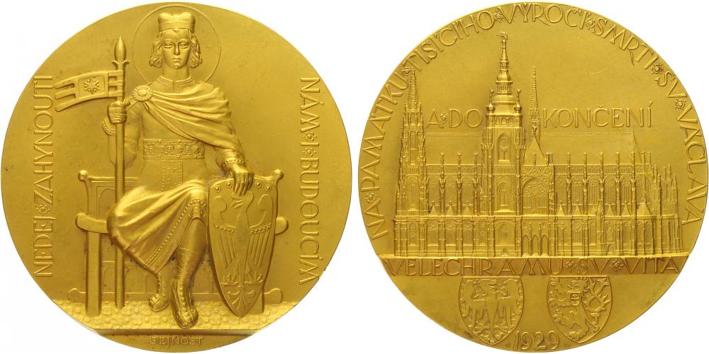 J. Šejnost: medaile z roku 1929  k dokončení velechrámu sv. Víta  a k miléniu sv. Václava, Au(168,04 g)   vyvolávací cena: 500 000 Kč