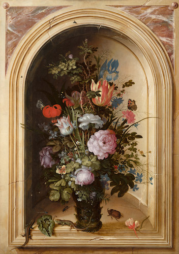 Roelant Savery: Váza s květinami v kamenné nice, 1615,olej na dřevě, 63,5 x 45,1 cm, Mauritshuis, Den Haag