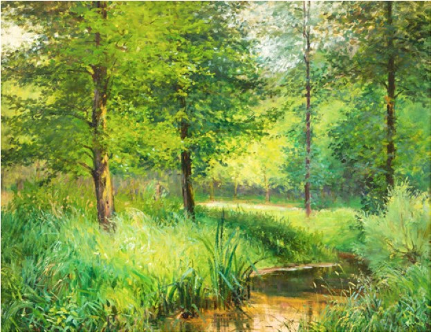 Václav Březina: Lesní krajina s potokem / kolem r. 1904  olej, lepenka / 51 x 65 cm cena: 305 000 Kč