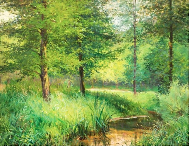 Václav Březina: Lesní krajina s potokem, kolem 1904  olej ne lepence, 51 x 65 cm, cena: 274 500 Kč