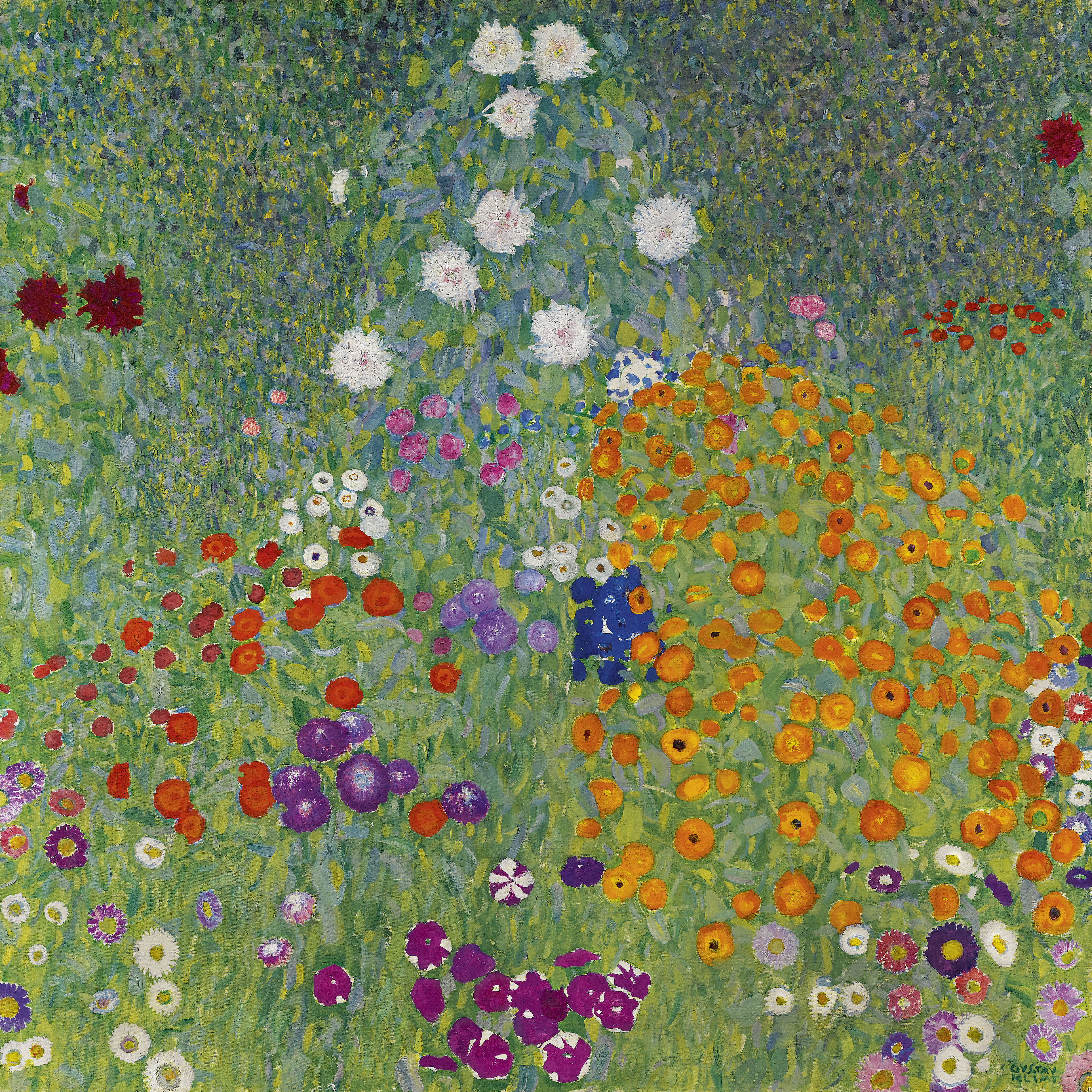 Gustav Klimt: Bauerngarten (Blumengarten) / 1907 olej na plátně, 110 x 110cm dosažená cena: 47 971 250 GBP (včetně provize) Sotheby's Londýn, 1. 3. 2017