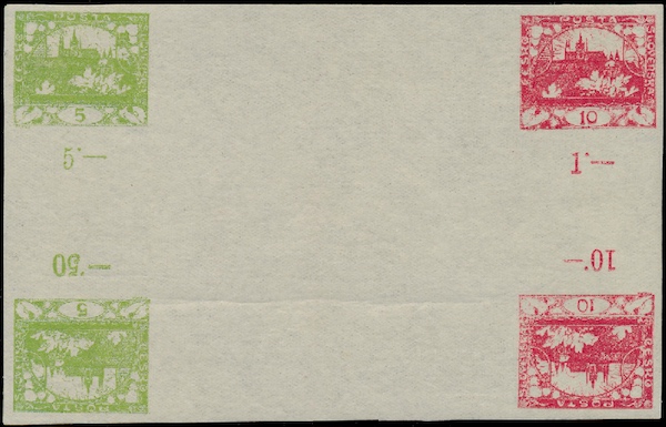 Los 445: Pof.3Mp + 5Mp, Kříž z meziarší - soutisk dvou vodorovných a zároveň svislých protisměrných meziarší známek Hradčany 5h světle zelená a 10h červená ze středu tiskového listu (tisková forma 4x 100 známek), bez perforace, na známkovém papíru s lepem; svěží lep s drobnou vrásou v papíru, vyobrazeno mj. v katalogu Po s 2015, str. 16. Atesty Vrba a Karásek + zk. Gi, Vrba a značka Ekstein