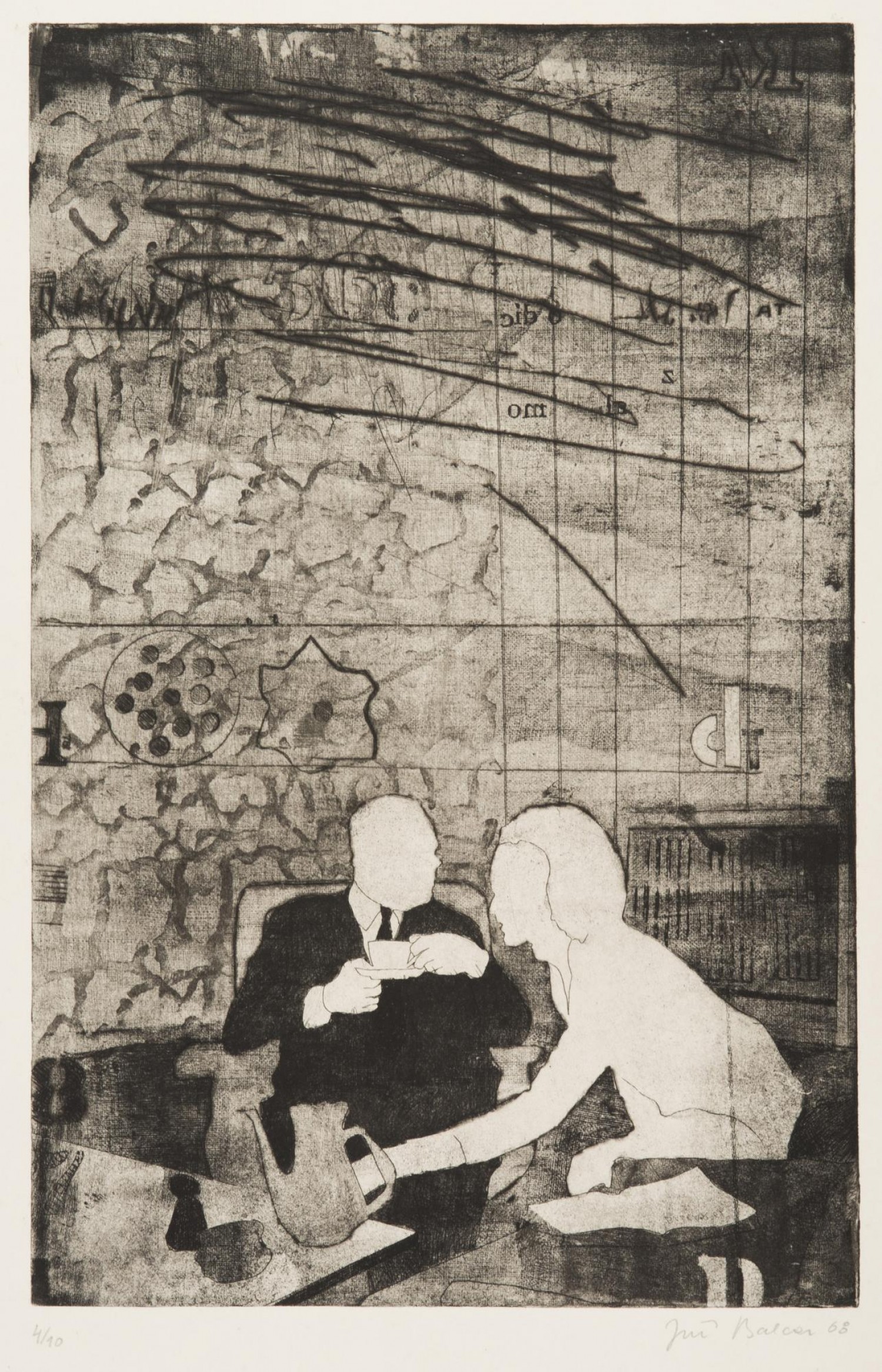 Jiří Balcar: Odpolední pausa, 1968,  měkký kryt a suchá jehla na papíře, 50 x 32 cm vyvolávací cena: 8 000 Kč (+20% provize), Dorotheum 23. 9. 2017
