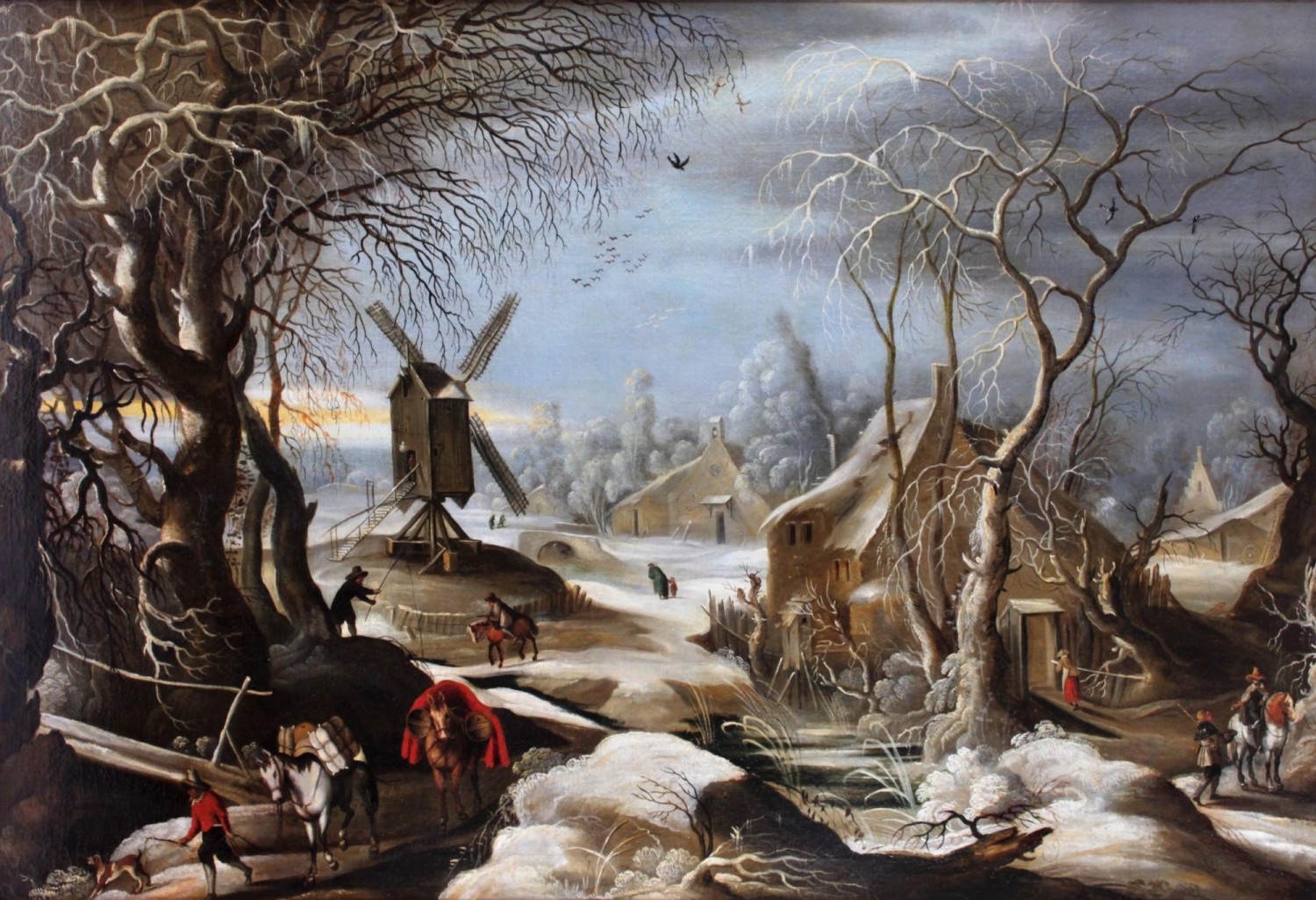 Jacob Grimmer (připsáno): Zimní krajina s větrným mlýnem, konec 16. století,  olej na plátně, 136 x 188 cm vyvolávací cena: 2 600 000 (+ 20% provize)