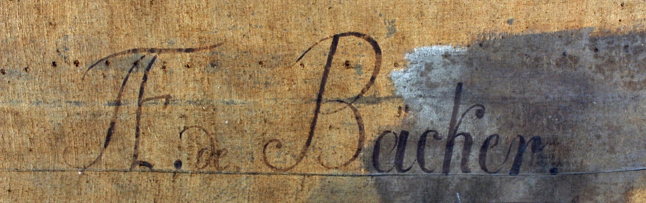 Jacob de Backer (připsáno): Mojžíš vyrážející vodu ze skály,  přípis s určením autorství z počátku 18. století 