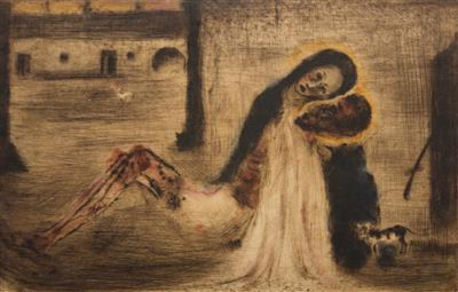6/ Pieta na dvoře suchá jehla s monotypem na papíře, 1950, 16 x 24,8 cm dosažená cena: 318 000 Kč