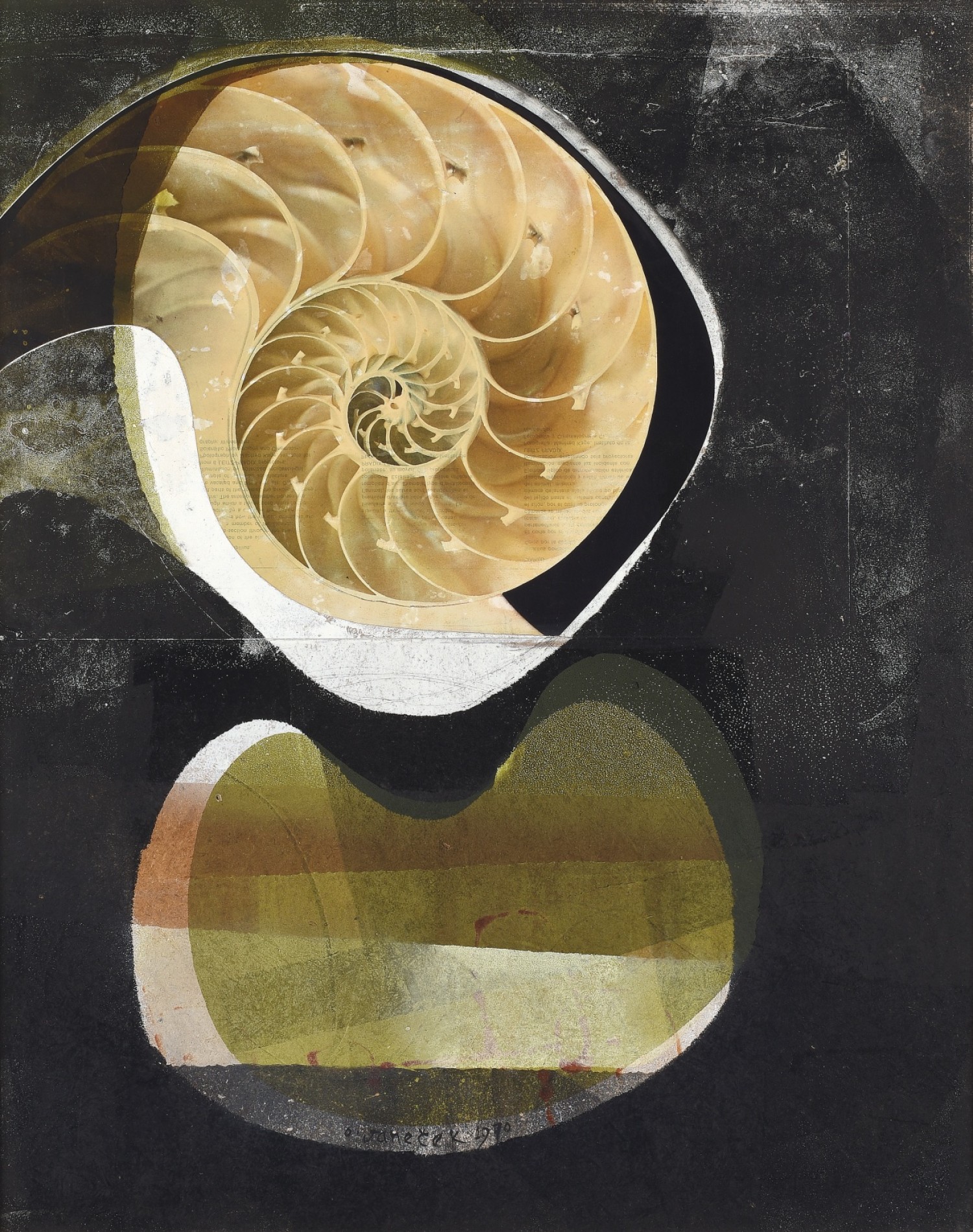 Ota Janeček: Ulita, 1970 olej a koláž na sololitu, 56 x 45 cm vyvolávací cena: 29 000 Kč + 25% provize Prague Auctions 24. 6. 2018
