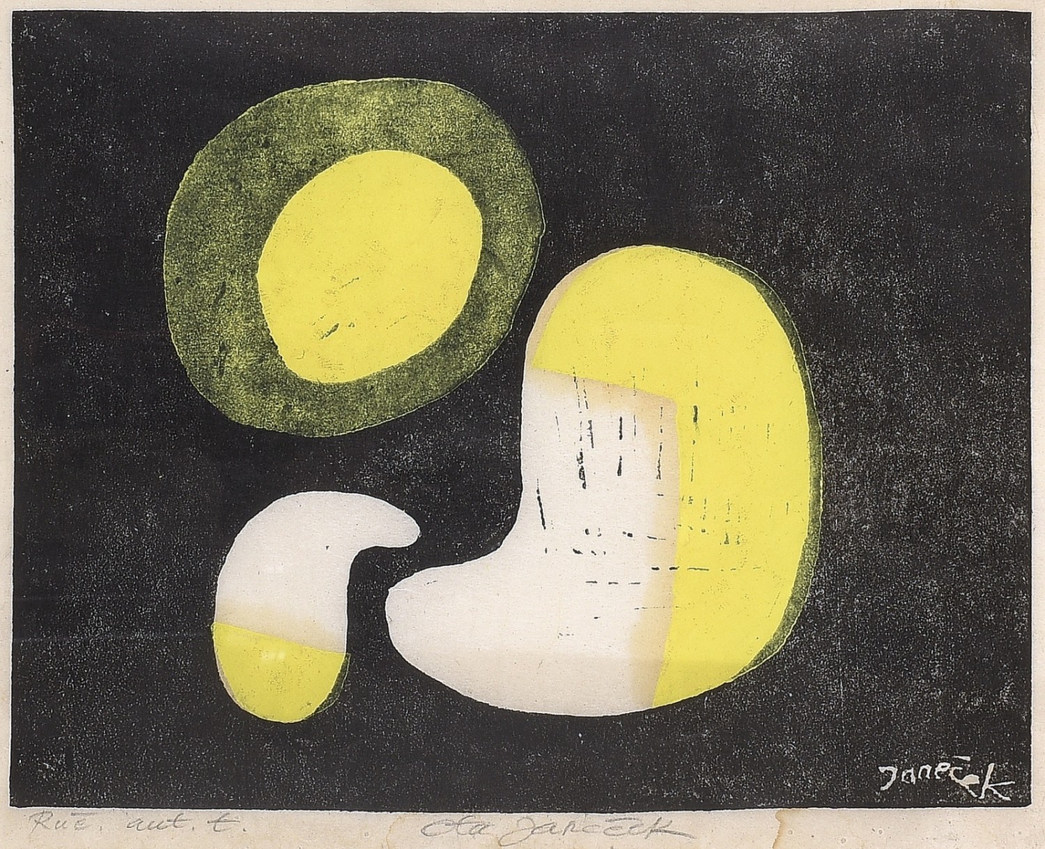 Ota Janeček: Tvary, 70. léta kolorovaný dřevoryt, autorský tisk, 19,3 x 24,2 cm vyvolávací cena: 2 500 Kč + 25% provize Prague Auctions 24. 6. 2018