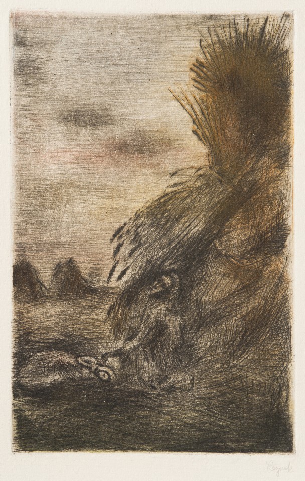 Bohuslav Reynek: Ruth a Boaz II, 1954 suchá jehla s monotypem na papíře, 20 × 13 cm vyvolávací cena: 20 000 Kč (+ 20% provize) Dorotheum 22. 9. 2018