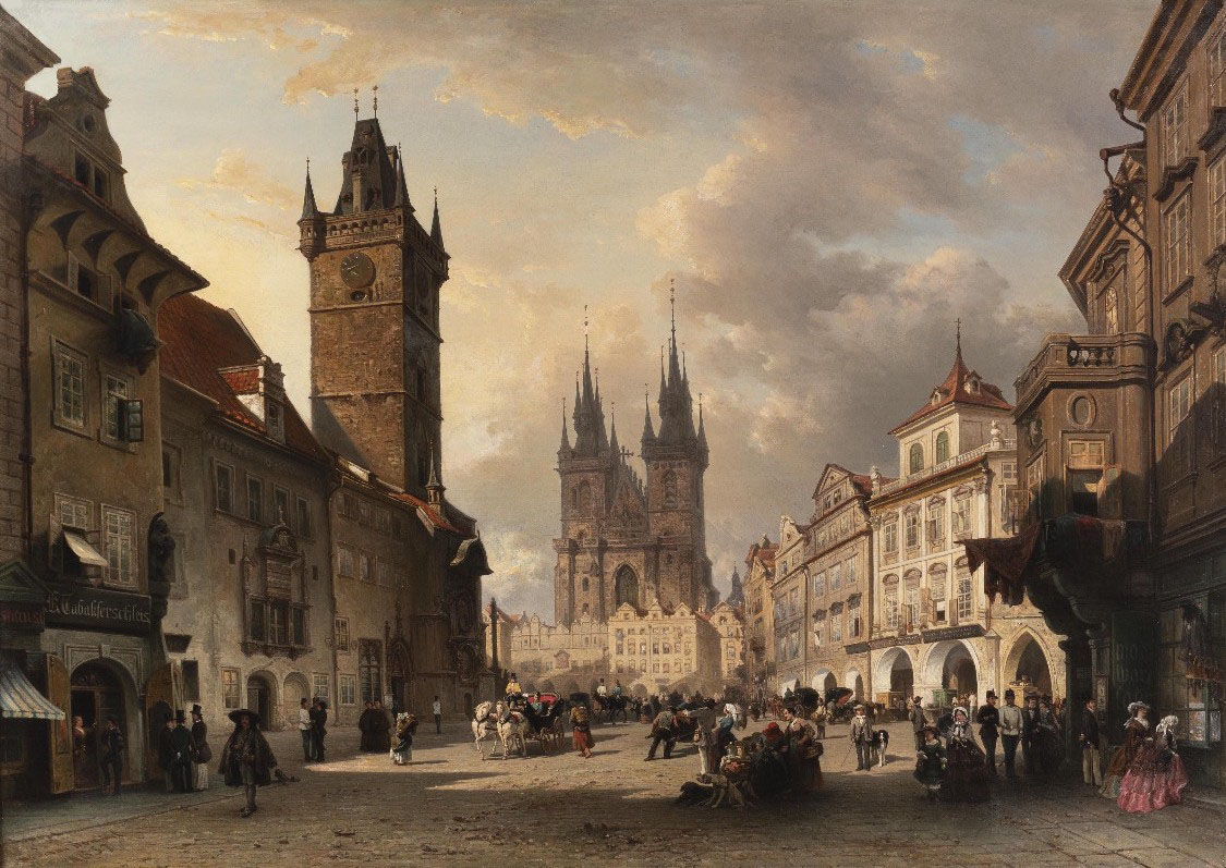 Elias Pieter van Bommel: Staroměstské náměstí v Praze, 1856  olej na plátně, 150 x 200 cm vyvolávací cena: 950 000 Kč (+ 24% provize) Arcimboldo, 28. 3. 2019