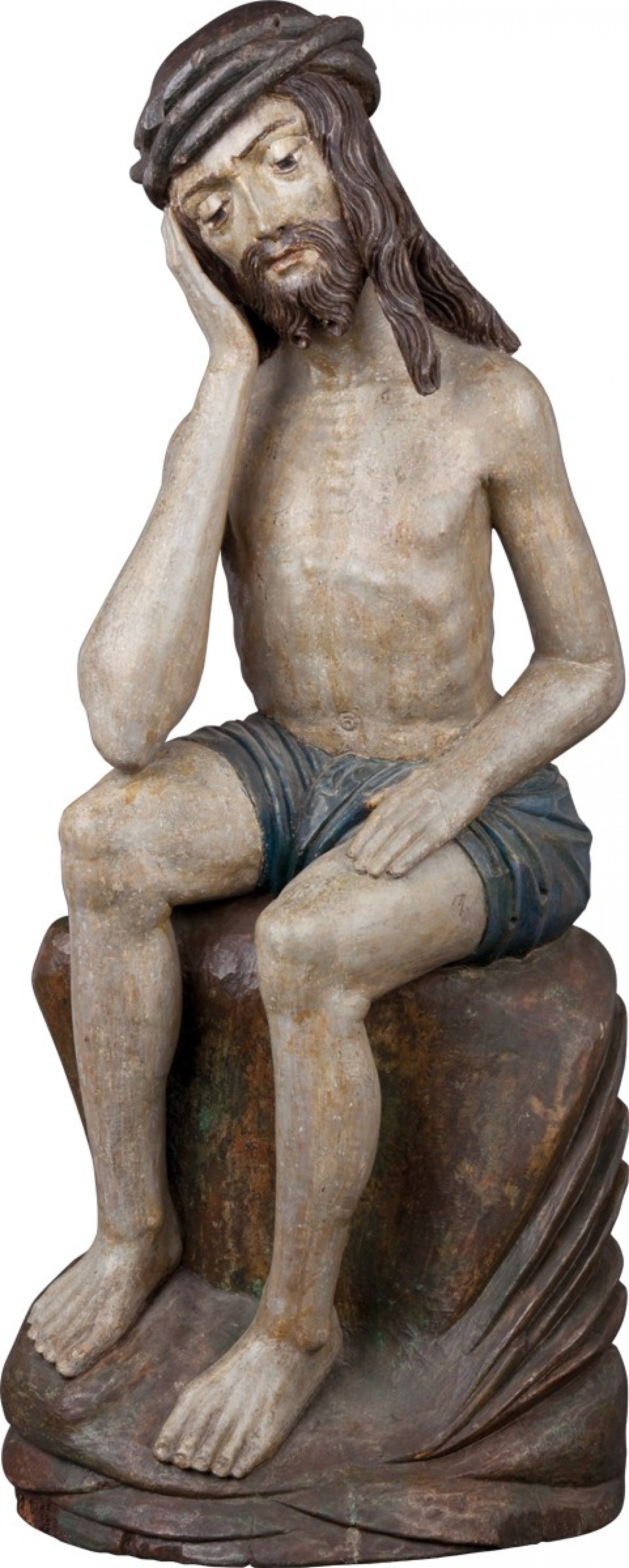 Odpočívající Kristus, kolem r. 1520, Chebsko nebo Bavorsko polychromované dřevo výška 97 cm vyvolávací cena: 130 000 Kč (+ 20% provize) Sýpka, 14. 4. 2019