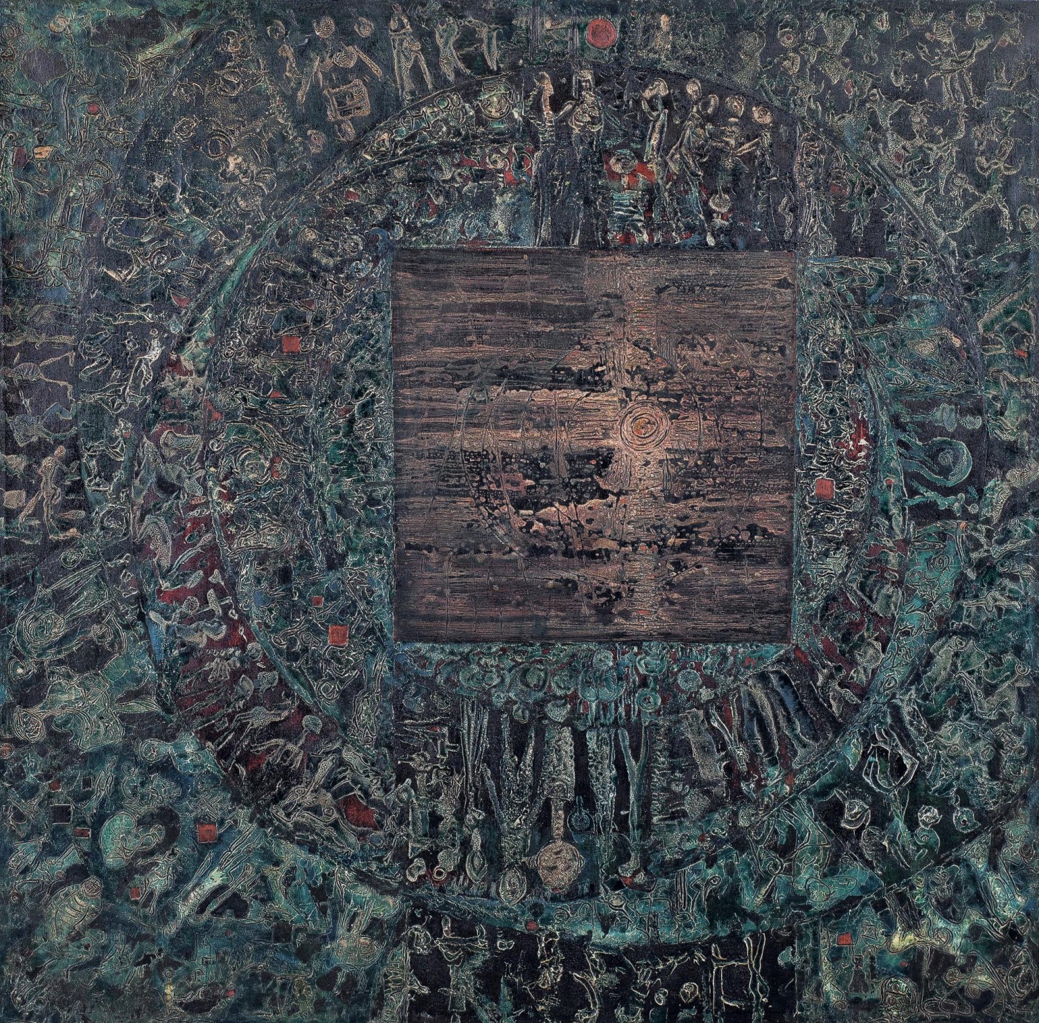 Jan Koblasa: Bez názvu, 1965, kombinovaná technika na plátně, 150 x 151 cm,  cena: 1 480 000 Kč, European Arts 4. 5. 2019