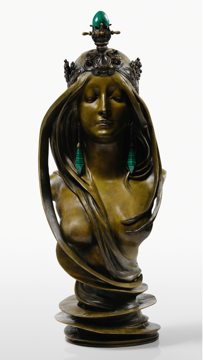 Alfons Mucha: Příroda (La Nature), kol. 1900 patinovaný bronz a malachit,70 x 27 x 28 cm  odhadní cena: 450 000 až 550 000 EUR Sotheby’s Paříž 28. 5. 2019