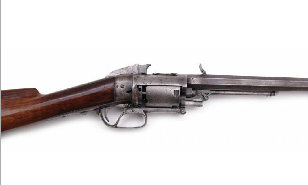 9/ Perkusní revolverová karabina North & Savage, 1855-1860  délka 108 cm cena: 183 855 Kč Antikvity Praha 18. 5. 2019