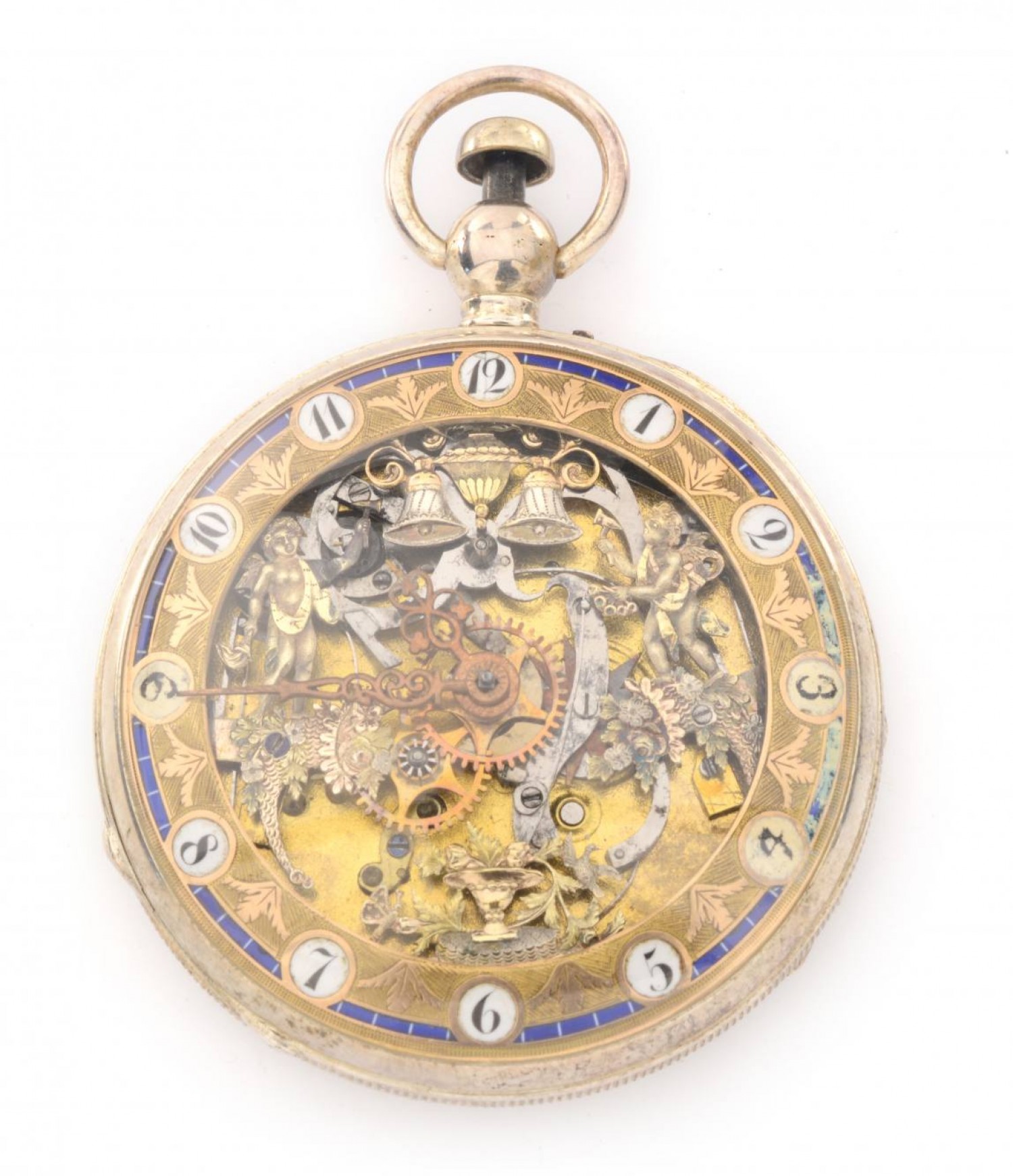 François L´Hardy: skeletové hodinky automaton se zvoníky, kol. 1810 stříbro, email, průměr 5,5 cm Zezula 5. 10. 2019 vyvolávací cena: 130 000 Kč (+ 20% provize)