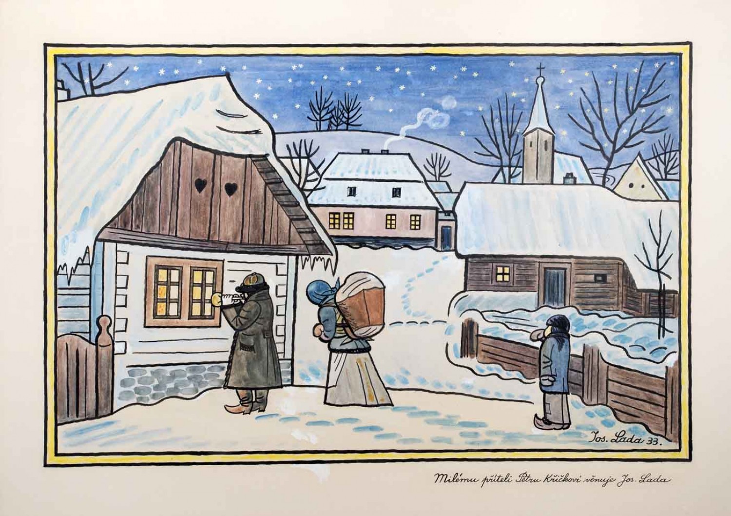Josef Lada: Slouhova koleda, 1933 akvarel, tuš a běloba na papíře, 37 x 56 cm cena: 1 560 000 Kč  Galerie Kodl 1. 12. 2019