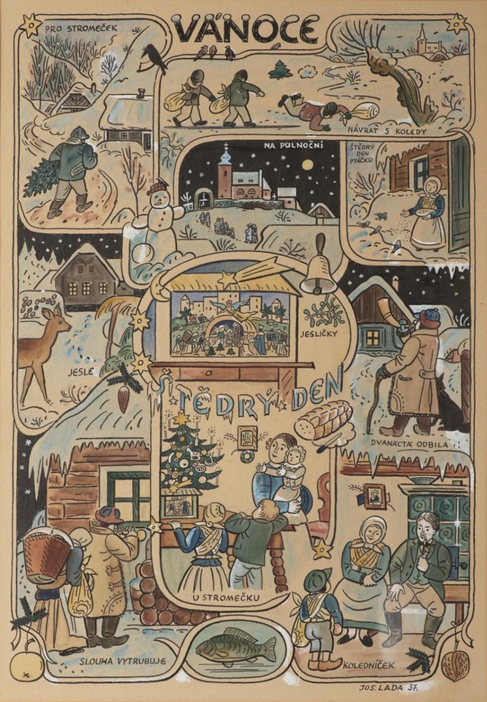 Josef Lada: Vánoce – Štědrý den, 1937 tuš, akvarel a běloba na lepence, 63 cm x 44 cm vyvolávací cena: 900 000 Kč (+ provize 24%)  Arthouse Hejtmánek 10. 12. 2019
