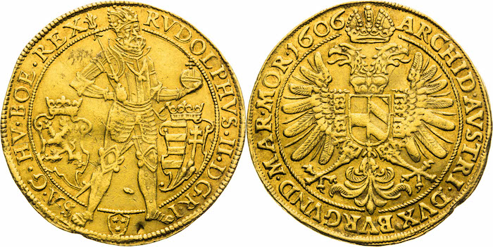 Pětidukát Rudolfa II., 1606, cena: 7 300 000 Kč, Macho & Chlapovič 22. 11. 2019