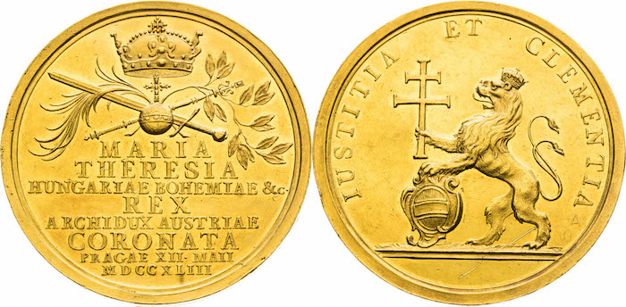 Zlatá medaile ke korunovaci Marie Terezie na českou královnu, 1743, cena: 7 300 000 Kč, Macho & Chlapovič 22. 11. 2019