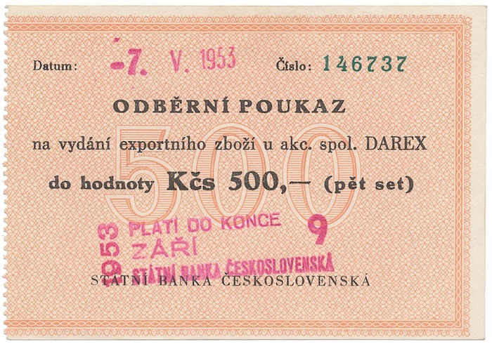Poukázka Darex, 500 Kčs, 1953, cena: 780 000 Kč, Aurea Numismatika 7. 12. 2019