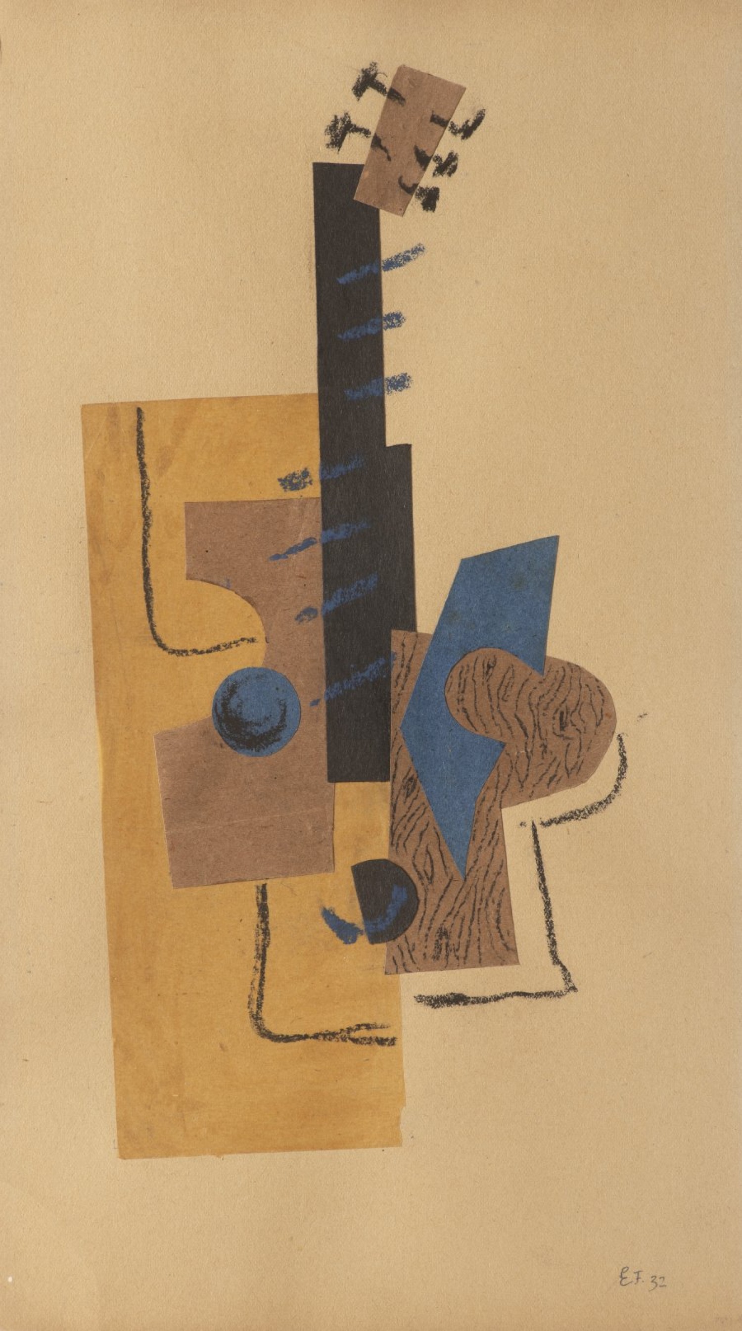 Emil Filla: Zátiší s kytarou I, 1930–1932 Kombinovaná technika, papír dvojice koláží 26 × 14,5 cm a 31,5 × 17,7 cm vyvolávací cena: 20 000 Kč (+ 24% provize) Arthouse Hejtmánek 7. 7. 2020