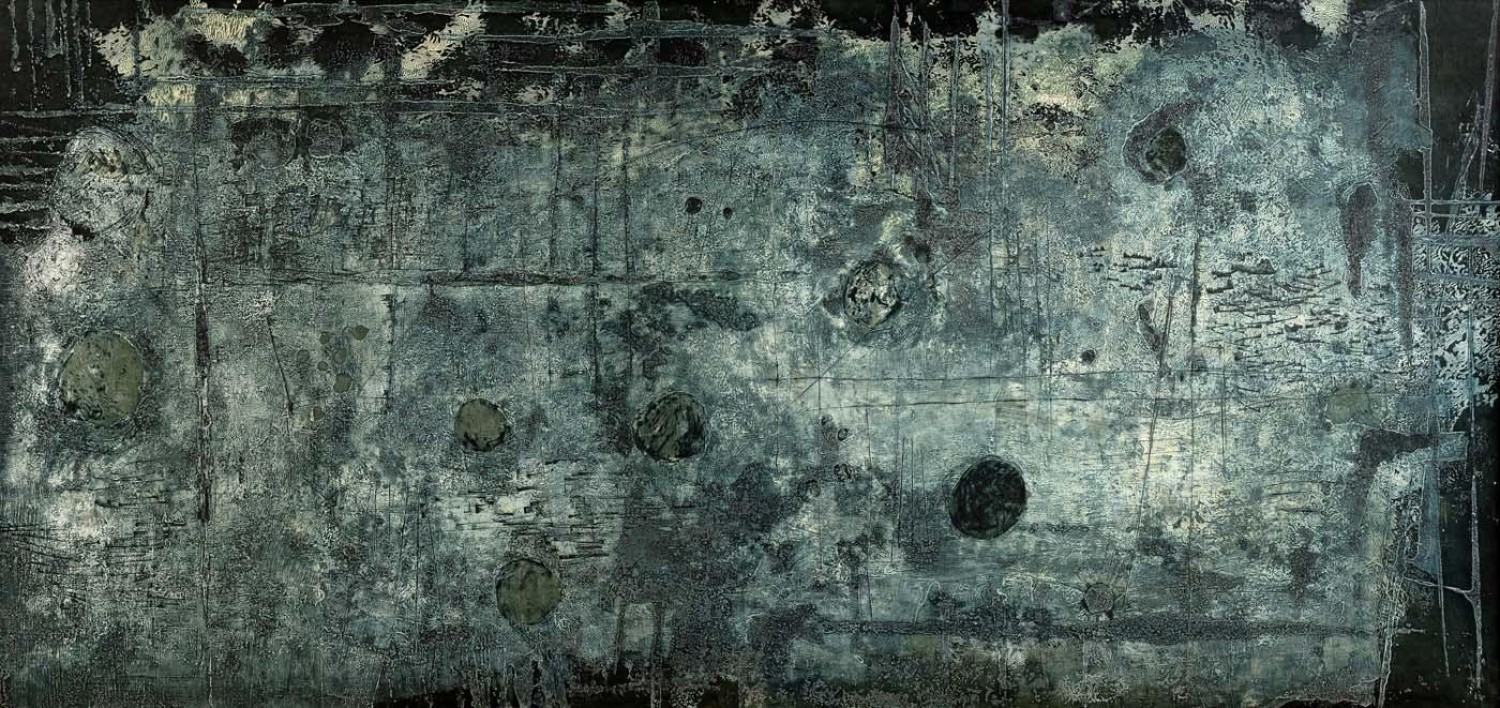 Jan Koblasa: Noli tangere circulos meos, 1960, kombinovaná technika na papíře fixovaném na sololitu, 70 x 151 cm, cena: 350 000 Kč (+ aukční provize 20%), Galerie Kodl 29. 11. 2020